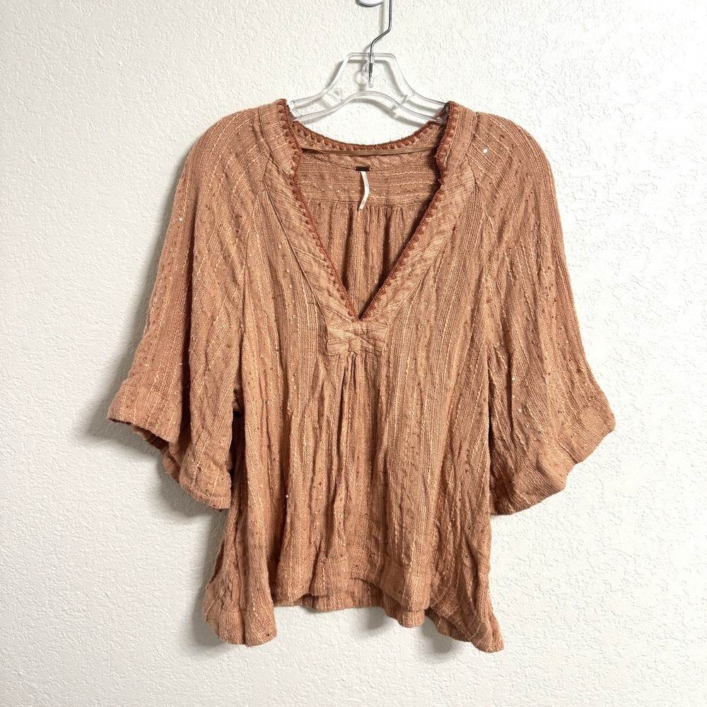 Free People Blouse Women Small Peach Festival Flutter Sleeve Sequins Get Over It
